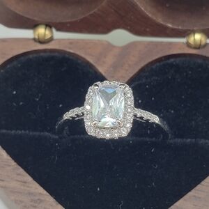 Silver Rectangle Moissanite Solitaire Gem Accents Ring by Charmed Aroma - Size 7
